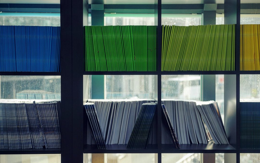 A bookshelf of documents.